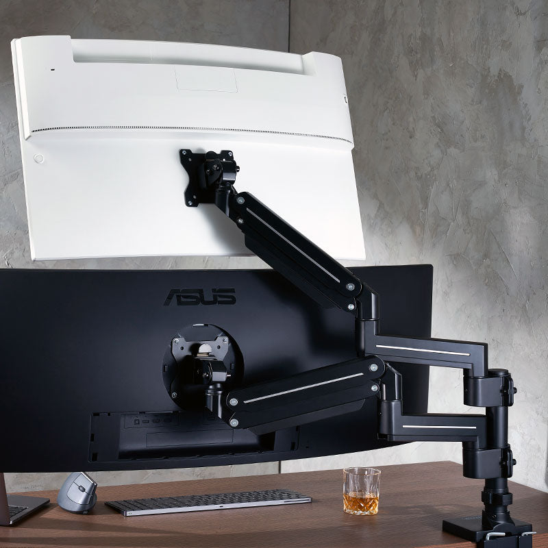 ULTRARM monitor arm and Moodular wooden monitor stand — modular, ergonomic, and designed for VISION ultrawide monitors. Enhances comfort, saves space, and elevates your workspace with precision craftsmanship.